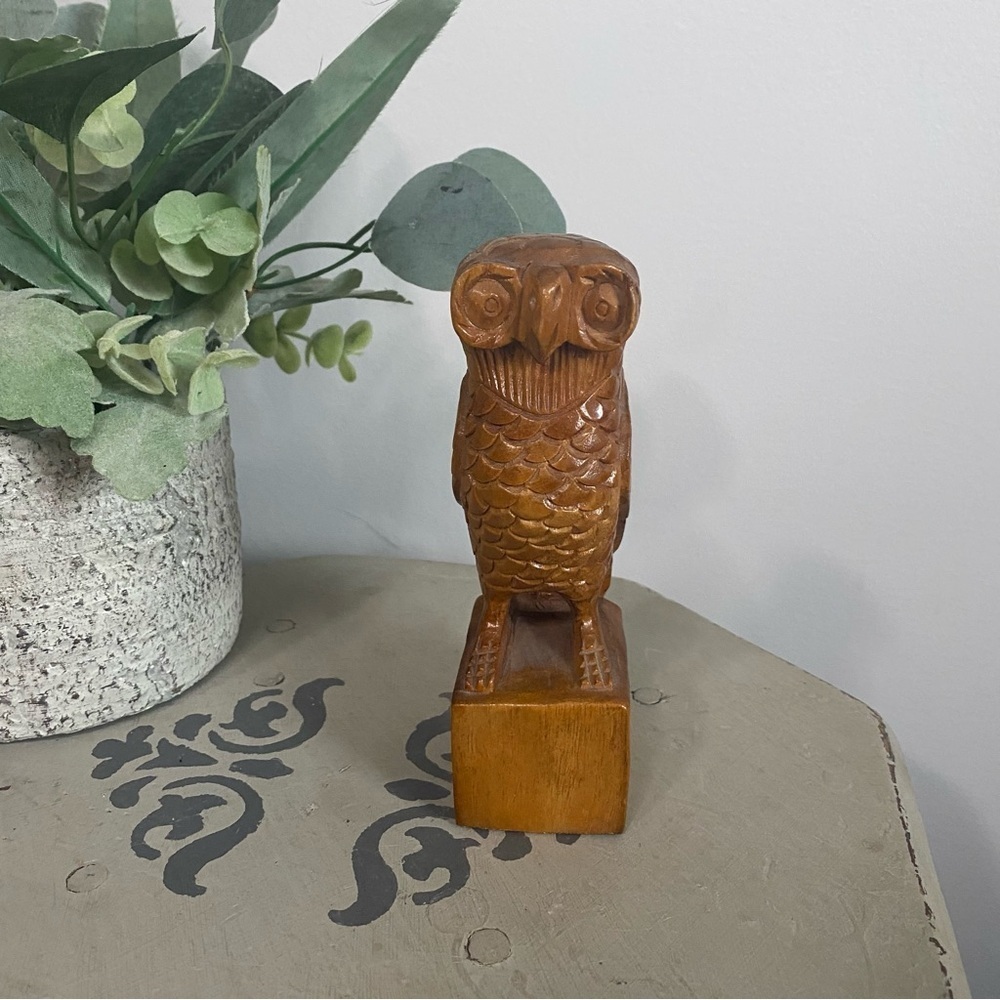 Vintage Hand Carved Wood Owl Figurine 5" Tall